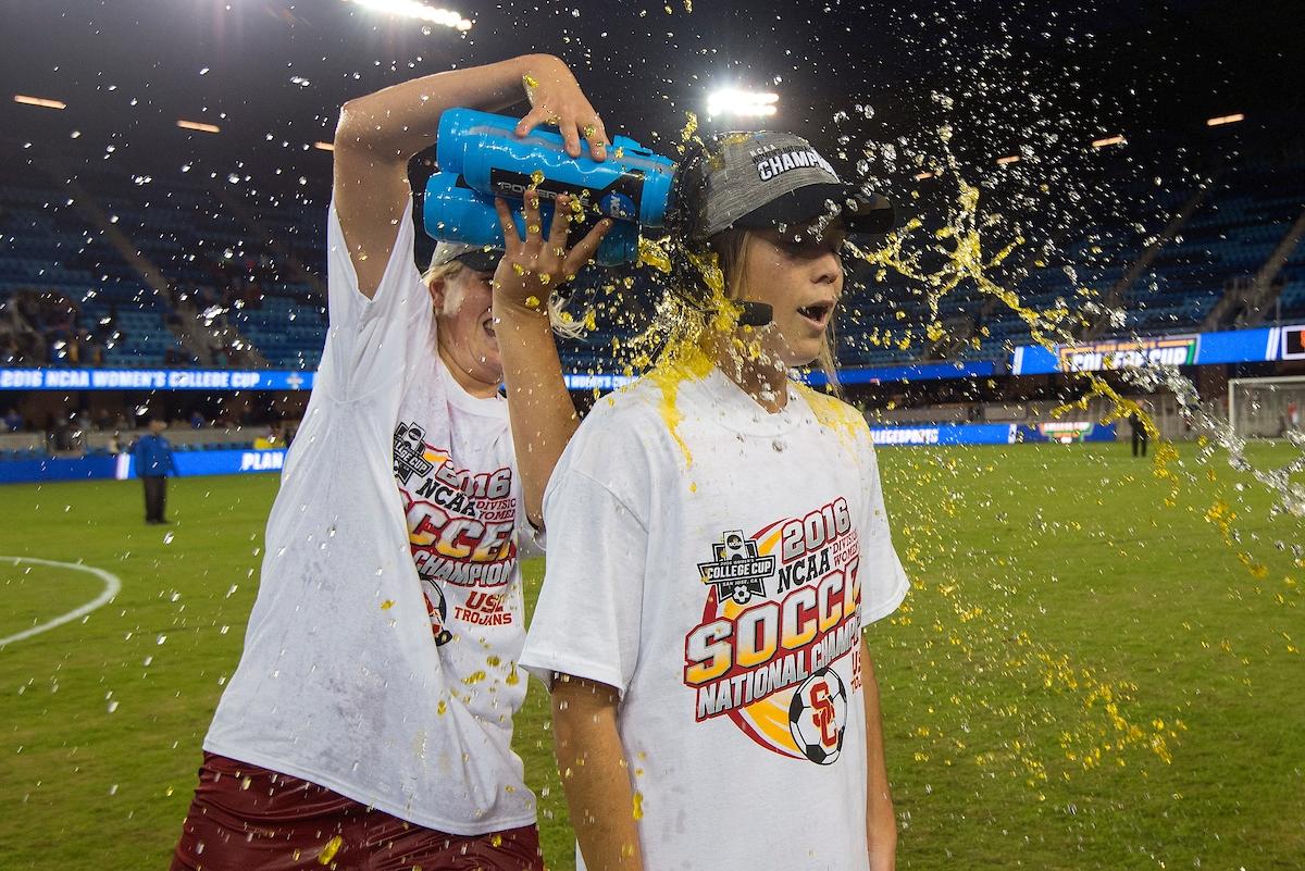 USC's Katie Johnson is doused with powerade after defeating West Virginia 3-1 during the 2016 national championship. 