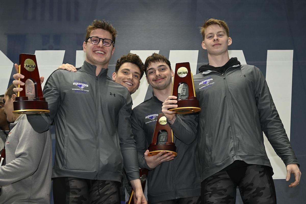 McKendree celebrates after placing first in the 400-yard medley relay.