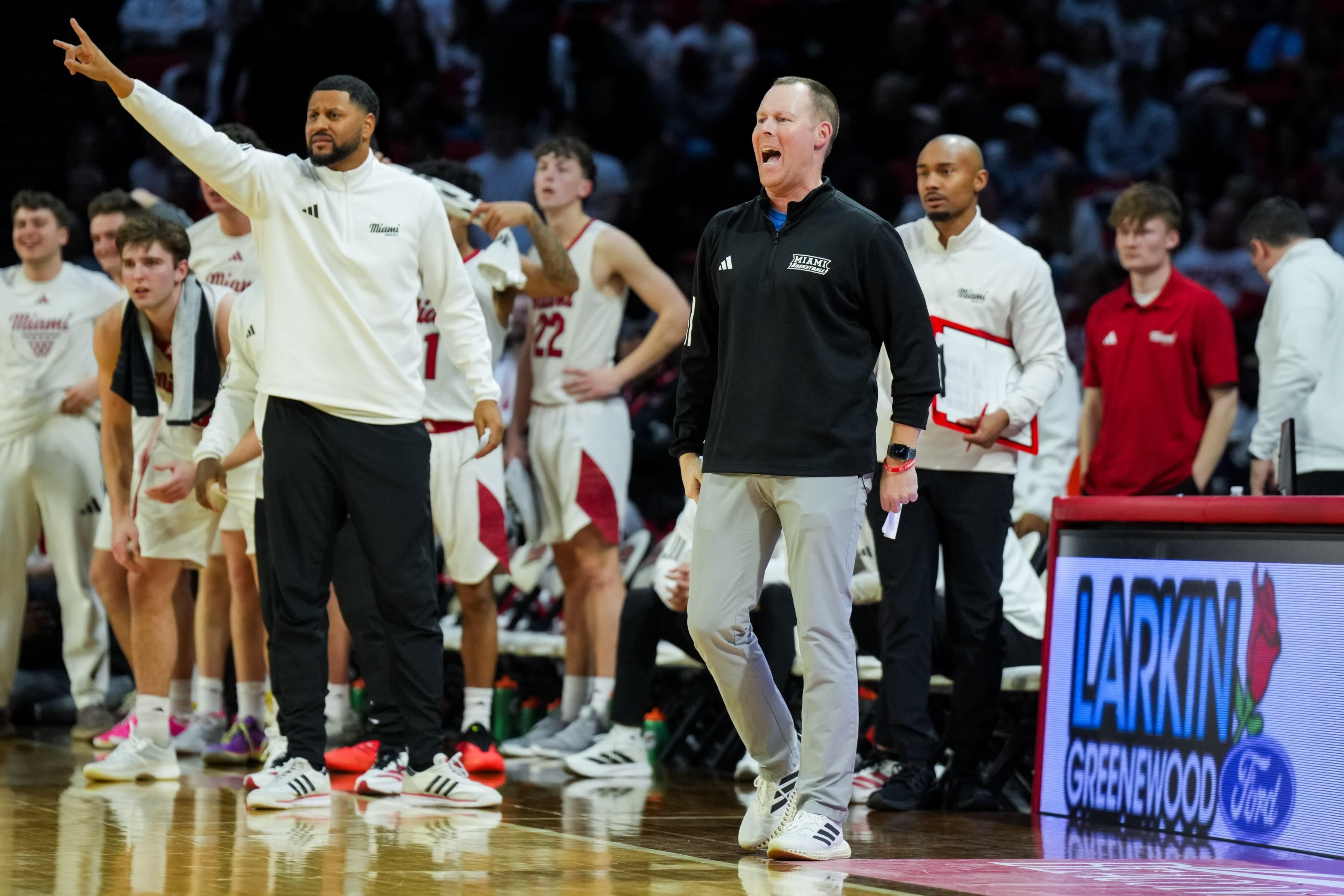 RedHawks head coach Travis Steele works the sideline against the Ohio Bobcats in the first half at Millett Hall.